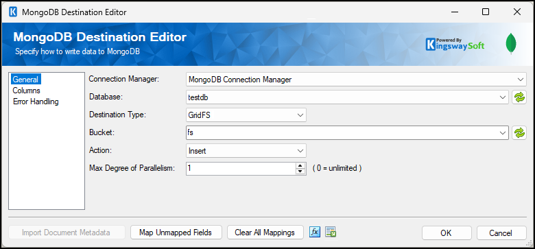 MongoDB Destination - General - Destination Type GridFS